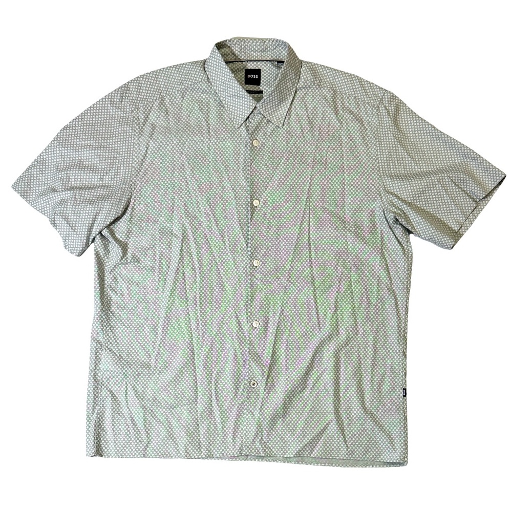 Boss mens L Large regular fit green floral lyocell short sleeve button up shirt